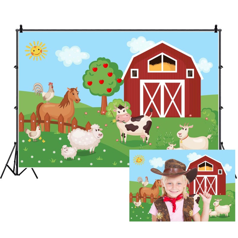 Renaiss 5x3ft Farm Animals Backdrop Cartoon Red Barn Door Barnyard Farmland Cow Farm House Photography Background for Baby Shower Newborn Kids Birthday Party Decor Studio Booth Props - Image 1